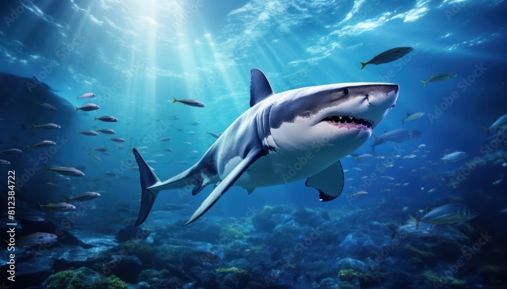 Great white shark in the ocean, portrait of White shark hunting prey in the underwater Great white shark in the ocean, portrait of White shark hunting prey in the underwater
