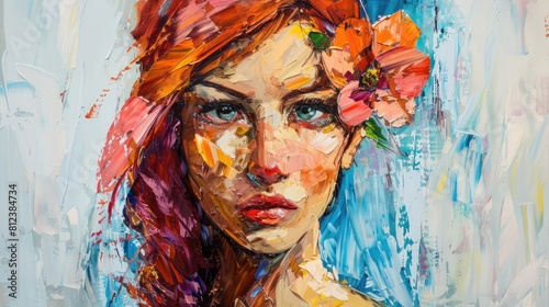 Pretty red-haired girl with a flower in her hair, painted in an expressive manner. Palette knife technique of oil painting and brush. © Khalif