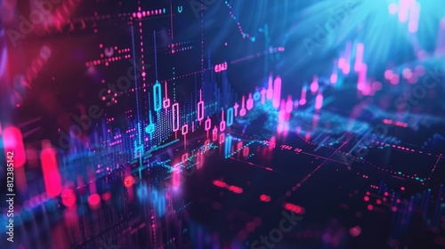 Abstract financial graph with up trend line candlestick chart in stock market on neon light colour background