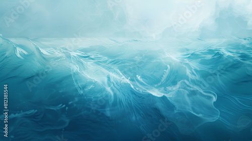 Calm water underwater blurry texture blue background for copy space text. Abstract ocean wave brushstrokes art for spring Easter, Mother’s Day travel. Pastel impasto romantic paint banner