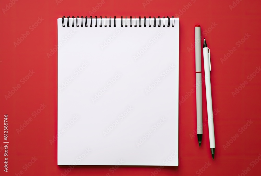 Blank notebook with pen on red background. Top view with copy space Blank notebook with pen on red background. Top view with copy space