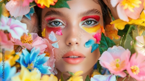 Portrait of a young woman with vibrant makeup and flowers around her, evoking beauty and nature