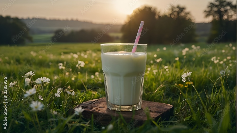 On a verdant field, a glass of milk with a straw in it is seated. The light is beaming on the grass and flowers, creating a pleasant and tranquil sight. On a verdant field, a glass of milk with a straw in it is seated. The light is beaming on the grass and flowers, creating a pleasant and tranquil sight.