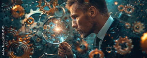 A dark, atmospheric image of a businessman looking through a magnifying glass, revealing hidden gears in everyday objects photo