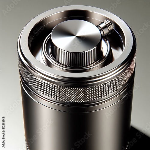  A sleek, cylindrical container equipped with a push button valv photo