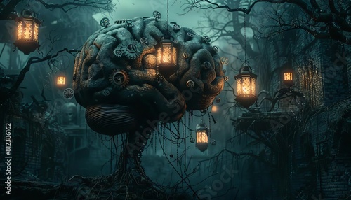 A dark concept art of a brain, with rusty gears and dimly lit by oldfashioned lanterns photo