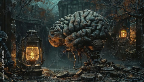 A dark concept art of a brain, with rusty gears and dimly lit by oldfashioned lanterns photo
