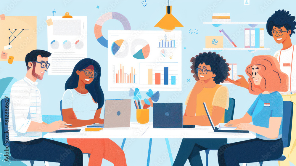 Diverse group of happy employees analyzing reports with digital device, working together in office. Diverse group of happy employees analyzing reports with digital device, working together in office.