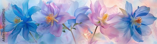 Against the watercolor backdrop, columbine blooms bloom in shades of blue, purple, and pink, their intricate flowers exuding elegance and grace. photo