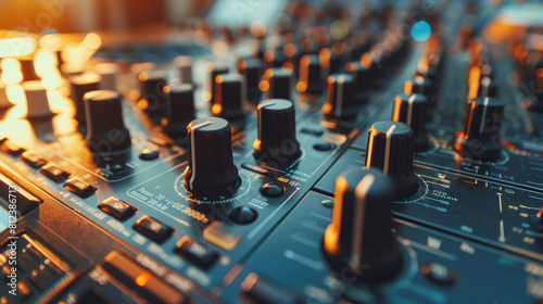 DJ Equipment Setup for Music Production. Close-Up View of a Professional DJ Mixer with Turntables and Control Knobs. photo