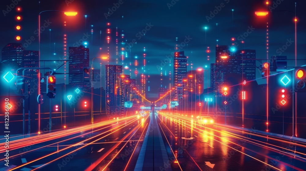 A depiction of an AI system that dynamically adjusts road lighting and traffic signals to maximize energy efficiency