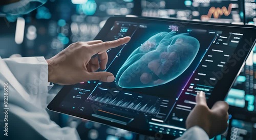 User interactive to treat and diagnose liver disease. A doctor touches an iPad with a digital medical record containing Heart. Digital medical records photo