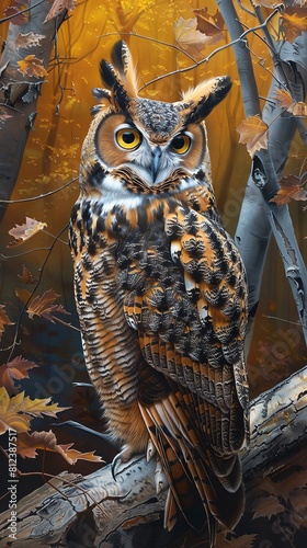 An owl with bright yellow eyes is staring at you from a tree branch. The owl is surrounded by colorful fall leaves. © T