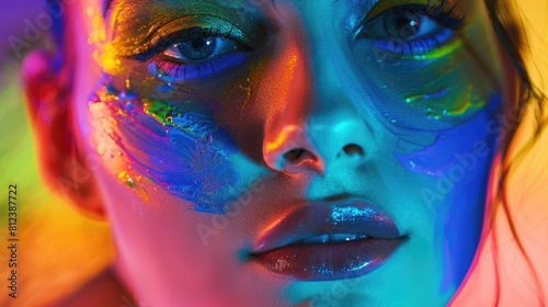 Beauty Close Up Photo, Young Female Poses with Confidence, Neon Paint Accentuating Her Facial Features Against an Low Key Studio Setting, Creating an Artistic Appearance