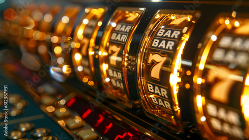 Golden slot machine wins the jackpot, close-up. Casino concept