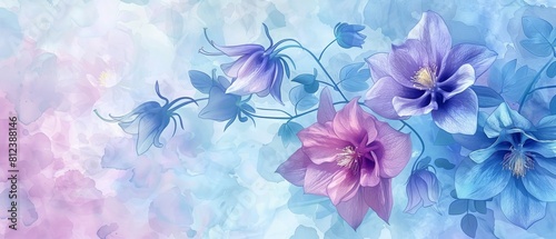 Columbine flowers, in shades of blue, purple, and pink, resemble birds in flight on the watercolor backdrop, enchanting with their ethereal beauty. © BlockAI