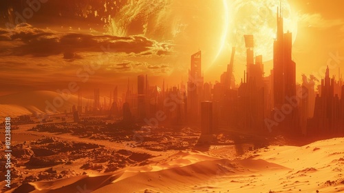 An ominous scene where global temperatures reach their peak, illustrating a vast desert swallowing a oncethriving city under a blistering sun