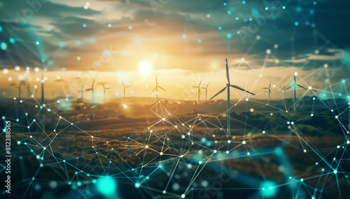 A landscape of a wind farm with digital connections, symbolizing green energy and sustainability, with a futuristic tech grid in the foreground. © PHTASH