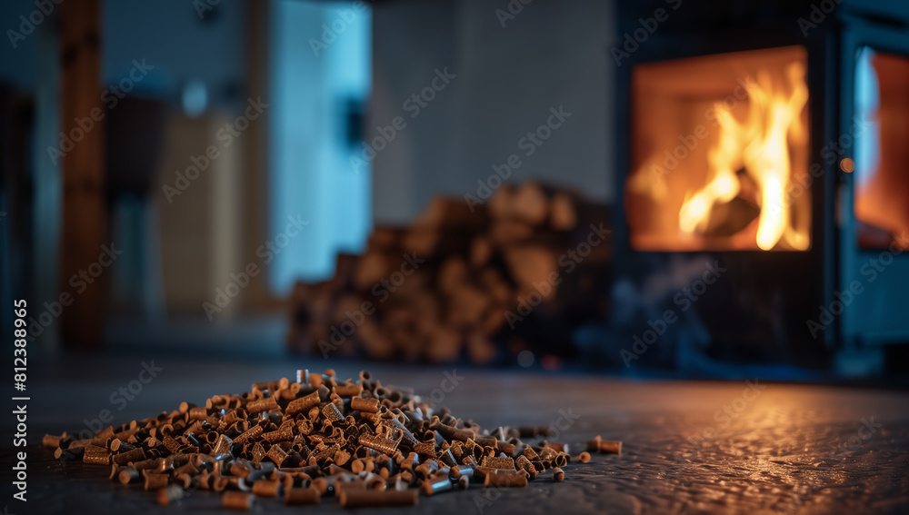 Organic wooden coal made from wood burns in fireplace with central heat pump. Ecological energy.