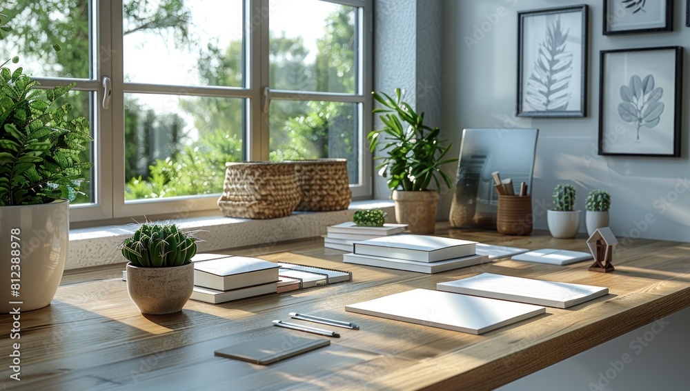 Embrace the blank canvas of organizational potential: A neatly arranged desk with blank stationery, bathed in natural light for a fresh, minimalist appeal. Embrace the blank canvas of organizational potential: A neatly arranged desk with blank stationery, bathed in natural light for a fresh, minimalist appeal.