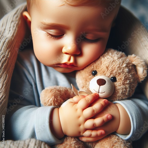 Baby clutching a stuffed animal tightly, comforted by its famili photo