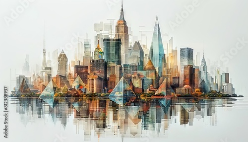 A digital art piece showing a cityscape with buildings in the form of demographic icons like age pyramids