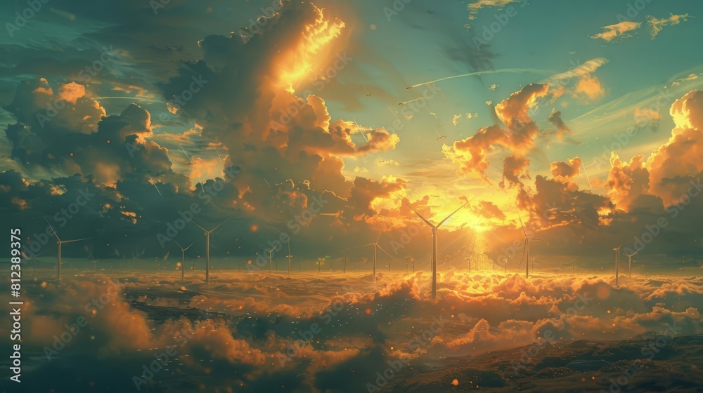 A digital artwork depicting wind turbines as musical instruments, creating melodies as the wind blows through them A digital artwork depicting wind turbines as musical instruments, creating melodies as the wind blows through them