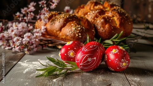 Red Easter eggs with delicious golden-brown Easter bread evoke a warm, festive atmosphere