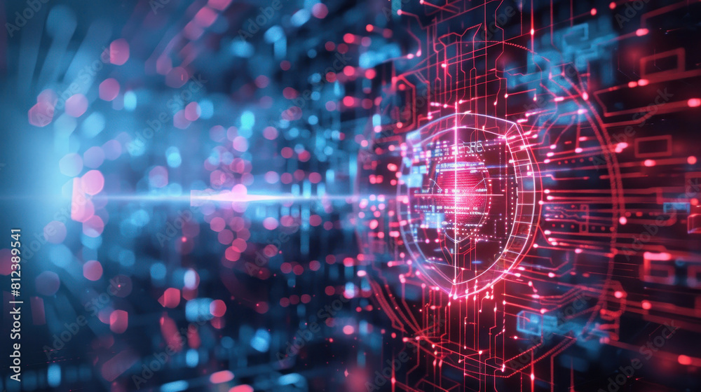 Immerse yourself in the world of cybersecurity with a visually compelling depiction featuring a digital shield emblem surrounded.