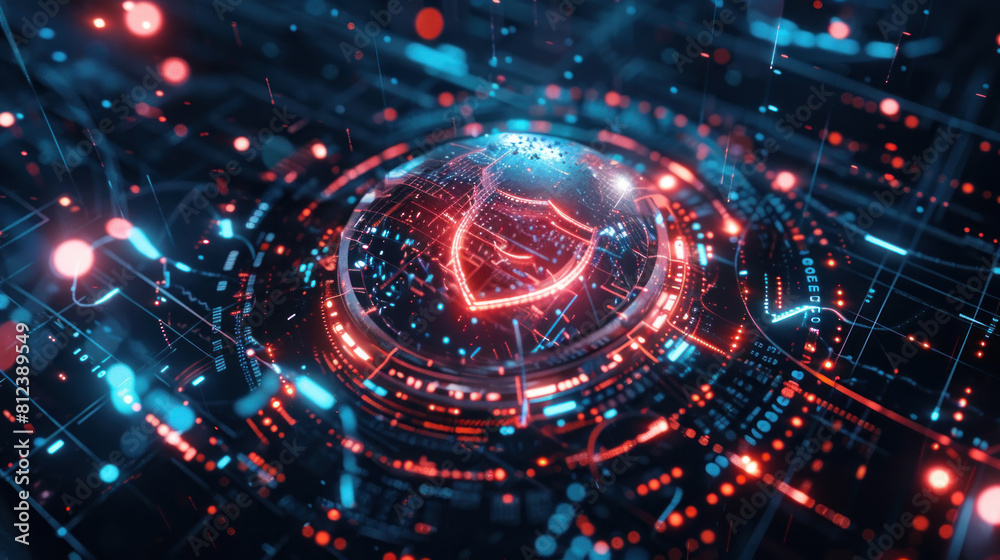 Fototapeta premium Immerse yourself in the world of cybersecurity with a visually compelling depiction featuring a digital shield emblem surrounded.