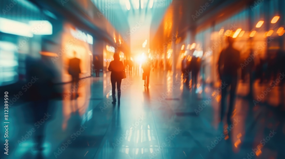 Blurred bokeh panoramic banner background of exhibition hall or convention center hallway, Business trade show event