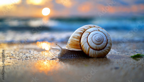 Sea snail on tropical beach with blue-white lighting, symbolizing tranquility and natural beauty