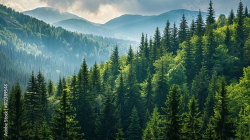 Nature green forest trees background  Caucasus  Russia.