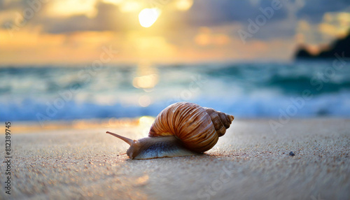 Sea snail on tropical beach with blue-white lighting, symbolizing tranquility and natural beauty