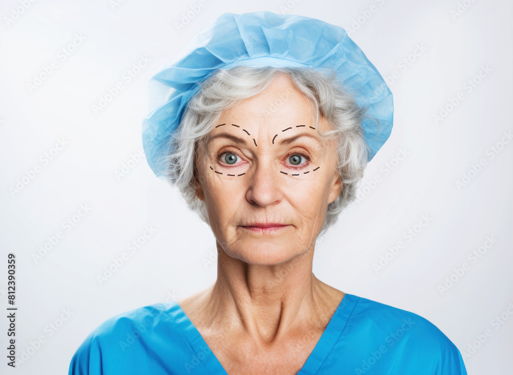 Grey hair woman 60 yers old portrait with disposable cap on white background. Plastic surgery. Beuty concept Grey hair woman 60 yers old portrait with disposable cap on white background. Plastic surgery. Beuty concept