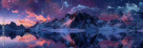 Magical Winter Scene Panorama. Snow-Covered Mountains Reflected in a Calm Lake under a Starry Sky with a Crescent Moon and Colorful Clouds Fantasy Art/Illustration.