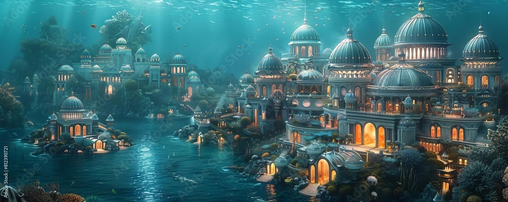 Obraz premium A digital visualization of an undersea city powered by tidal energy, with buildings shaped like coral and sea creatures