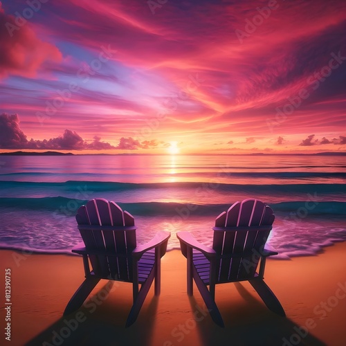 a couple s chair under the sunset on the beach
