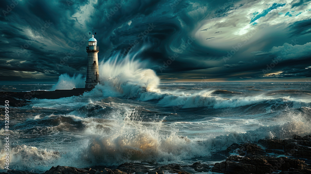 Ocean Waves Crashing Against Lighthouse. Nature's Power Concept: Scenic view of a lighthouse on a rocky coast, battered by powerful ocean waves under a stormy sky.