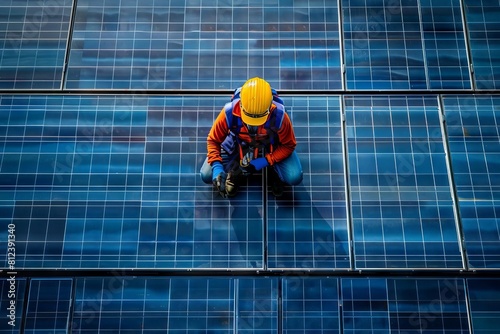 Wallpaper Mural A dramatic overhead view of a large solar panel field, with a technician performing maintenance Torontodigital.ca