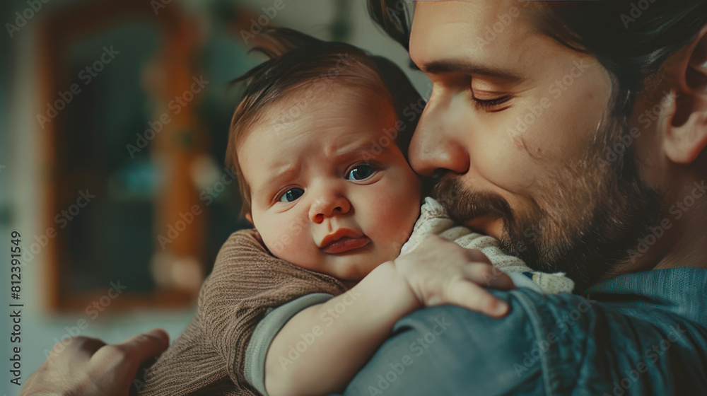Portrait of a father hugging and kissing newborn baby. Authentic lifestyle touching tender moment. Portrait of a father hugging and kissing newborn baby. Authentic lifestyle touching tender moment.