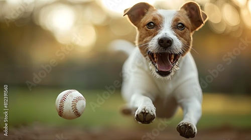A dog playing fetch with a baseball, adding a touch of humor and lightheartedness to the sport, Animal photography, Playful scene photo