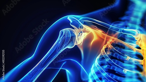 An X-ray blue of a shoulder with the upper arm and shoulder joint highlighted in yellow .MRI scan of a human ashoulder joint, showing the ball and socket joint bones and ligaments.  © Sittipol 