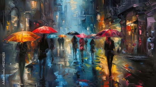 Street and people under umbrellas in the rain. Oil painting on canvas.