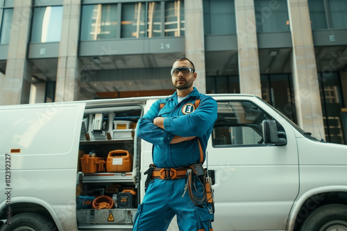 An Ai generative image of electrician as superhero full with equipment in the van at office