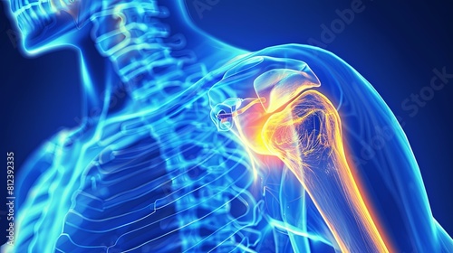 An X-ray blue of a shoulder with the upper arm and shoulder joint highlighted in yellow .MRI scan of a human ashoulder joint, showing the ball and socket joint bones and ligaments.  photo