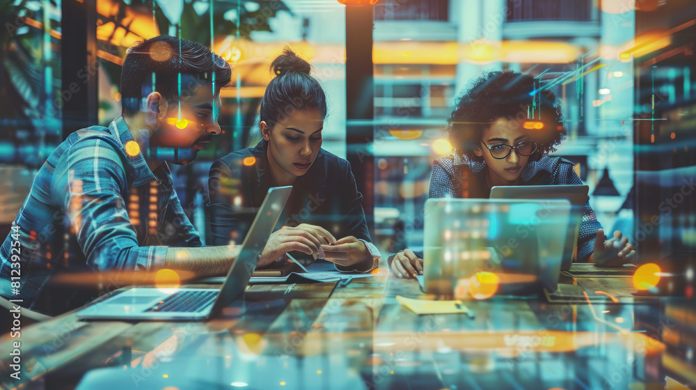 Startup business people working as team to find solution to problem. Technology finance concept. Startup business people working as team to find solution to problem. Technology finance concept.
