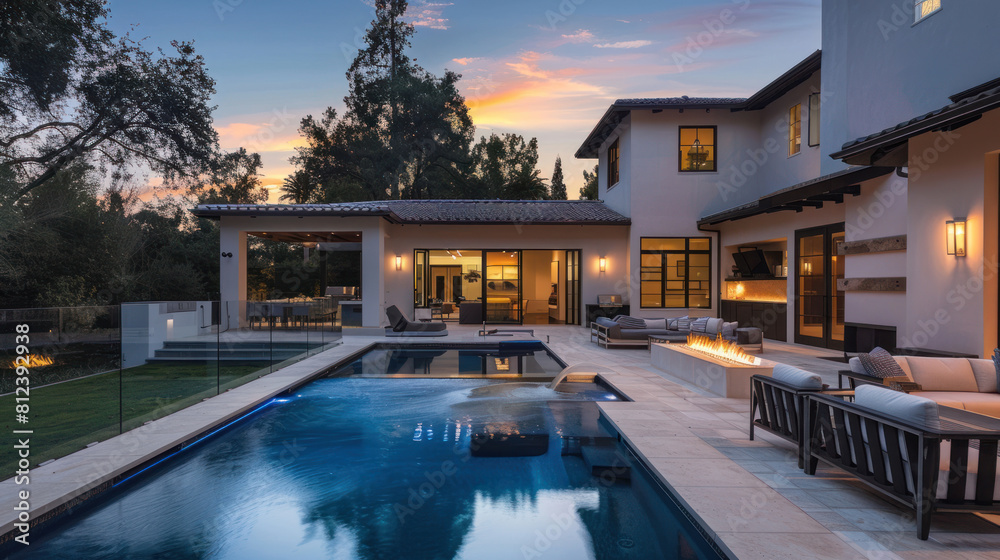 Stunning Backyard Oasis with Pool, Patio, and Modern Home at Dusk. Elegant Outdoor Living Area with Pool, Fire Pit, and Dining Space. Stunning Backyard Oasis with Pool, Patio, and Modern Home at Dusk. Elegant Outdoor Living Area with Pool, Fire Pit, and Dining Space.
