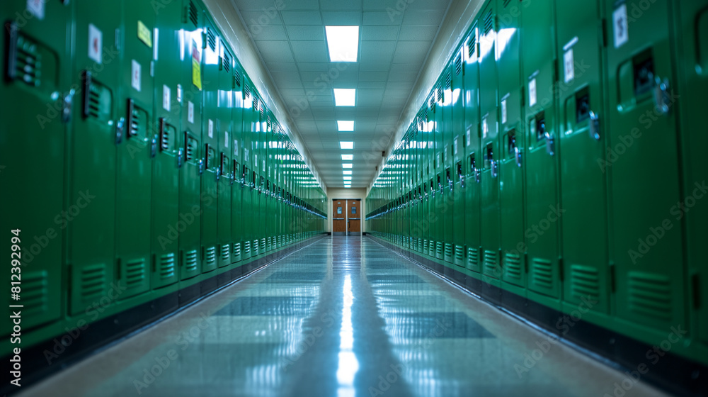 school corridor with green lockers	
