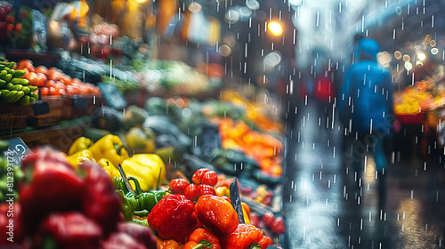Blurred shoppers walking through a vegetable market photo